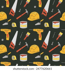 Repair tools pattern. House construction equipment seamless background. Doodle drawing. Building instruments screwdriver saw and hammer. Renovation industry. Vector cartoon flat isolated illustration