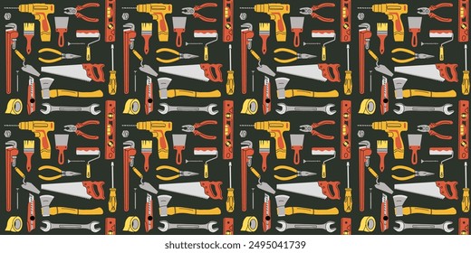 Repair tools pattern. House construction equipment seamless background. Doodle drawing. Building instruments screwdriver saw and hammer. Renovation industry. Vector cartoon flat isolated illustration