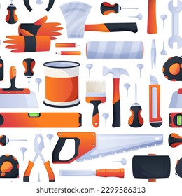 Repair tools pattern. Seamless print of carpenter tools. Hand saw, pick and screwdriver with wrench and trowel. Vector background. Renovation equipment as paintbrush, hammer and waterpass