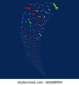 Repair Tools random fireworks stream. Vector illustration style is flat bright multicolored iconic symbols on a blue background. Object fountain made from scattered pictographs.