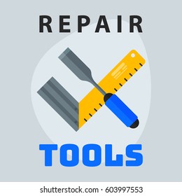 Repair tools ruler screwdriver icon creative graphic design logo element and service construction work business maintenance equipment vector illustration.