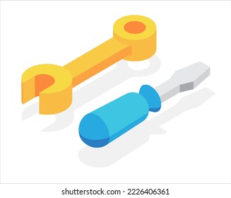 Repair tools, screwdriver and wrench. Flat, 3d, vector, isometric, cartoon style illustration isolated on white background.