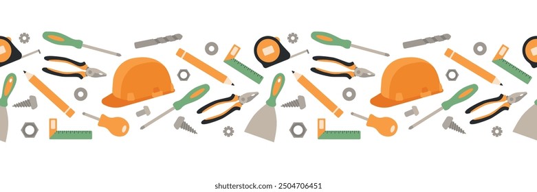 Repair tools seamless border. Labor Day set. Isolated vector illustration in clip art style.