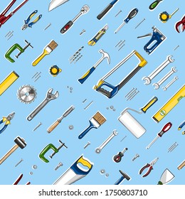 Repair tools seamless, pattern in cartoon style. Construction workshop equipment background. Handwork tools for carpentry and home renovation. Mechanic instruments for DIY store vector illustration.
