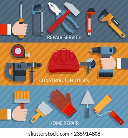 Repair tools service construction home flat banner set isolated vector illustration