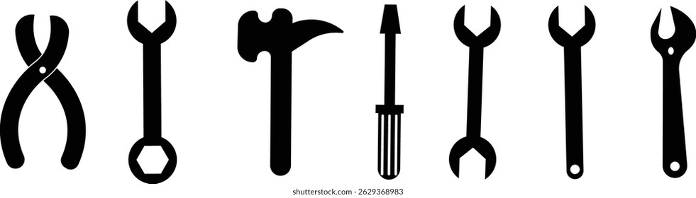 Repair tools and service icon set. Wrench, screwdriver and gear setting vector collection isolated on transparent background. Spanner perfect for diy crafting, and repair projects glyph symbol.