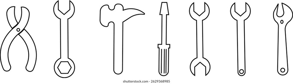 Repair tools and service icon set. Wrench, screwdriver and gear setting vector collection isolated on transparent background. Spanner perfect for diy crafting, and repair projects glyph symbol.