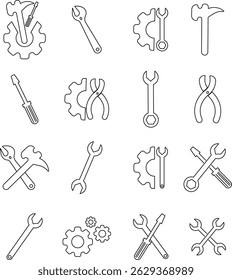 Repair tools and service icon set. Wrench, screwdriver and gear setting vector collection isolated on transparent background. Spanner perfect for diy crafting, and repair projects glyph symbol.