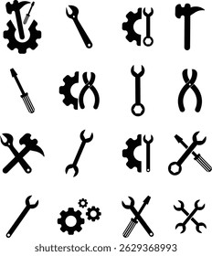 Repair tools and service icon set. Wrench, screwdriver and gear setting vector collection isolated on transparent background. Spanner perfect for diy crafting, and repair projects glyph symbol.