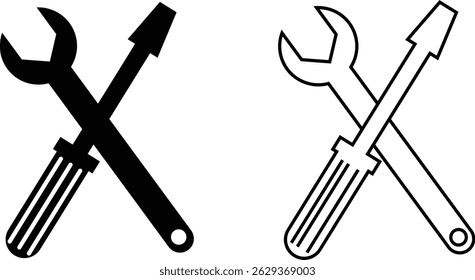Repair tools and service icon set. Wrench, screwdriver and gear setting vector collection isolated on transparent background. Spanner perfect for diy crafting, and repair projects glyph symbol.