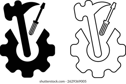 Repair tools and service icon set. Wrench, screwdriver and gear setting vector collection isolated on transparent background. Spanner perfect for diy crafting, and repair projects glyph symbol.