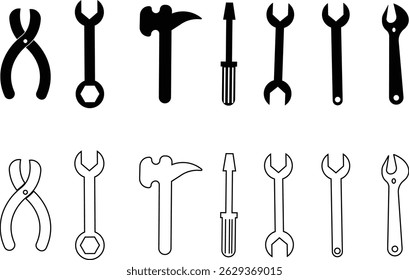 Repair tools and service icon set. Wrench, screwdriver and gear setting vector collection isolated on transparent background. Spanner perfect for diy crafting, and repair projects glyph symbol.