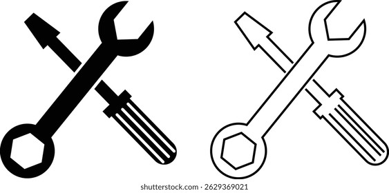 Repair tools and service icon set. Wrench, screwdriver and gear setting vector collection isolated on transparent background. Spanner perfect for diy crafting, and repair projects glyph symbol.