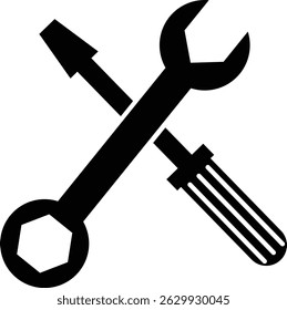 Repair tools and service icon Wrench, screwdriver and gear setting vector isolated on transparent background. Spanner perfect for diy crafting, and repair projects glyph symbol.