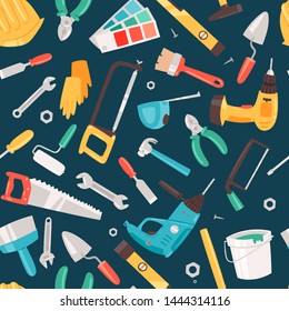 Repair tools service seamless pattern vector illustration. Home repair. Construction equipment. Hand supplies for house renovation and rebuilding. Hammer, drill, saw and ruler.