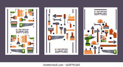 Repair tools set of banners, vector illustration. Isolated icons in flat style, house building, reconstruction and maintenance tools. Hardware store booklet cover, carpentry brochure design template
