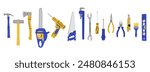 Repair tools set. House construction equipment. Doodle style drawing. Building instruments screwdriver saw and hammer. Renovation industry. Vector cartoon flat style isolated contemporary illustration