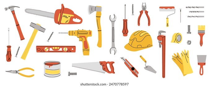 Repair tools set. House construction equipment. Doodle style drawing. Building instruments screwdriver saw and hammer. Renovation industry. Vector cartoon flat isolated contemporary illustration