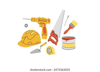 Repair tools set. House construction equipment. Doodle style drawing. Building instruments screwdriver saw and hammer. Renovation industry. Vector cartoon flat isolated contemporary style illustration