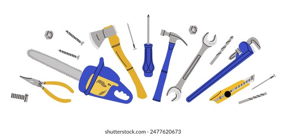 Repair tools set. House construction equipment. Doodle style drawing. Building instruments screwdriver saw and hammer. Renovation industry. Vector cartoon flat isolated contemporary style illustration