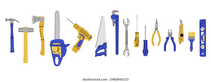 Repair tools set. House construction equipment. Doodle style drawing. Building instruments screwdriver saw and hammer. Renovation industry. Vector cartoon flat style isolated contemporary illustration