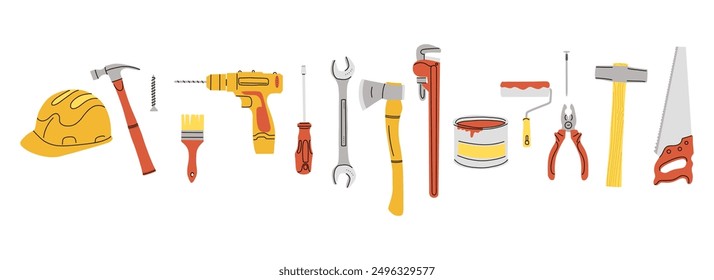 Repair tools set. House construction equipment. Doodle style drawing. Building instruments screwdriver saw and hammer. Renovation industry. Vector cartoon flat style isolated contemporary illustration