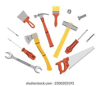 Repair tools set. House construction equipment. Doodle style drawing. Building instruments screwdriver saw and hammer. Renovation industry. Vector cartoon flat isolated contemporary style illustration