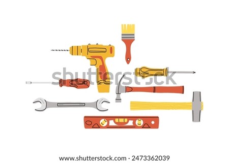 Repair tools set. House construction equipment. Doodle style drawing. Building instruments screwdriver saw and hammer. Renovation industry. Vector cartoon flat isolated contemporary style illustration
