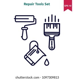 Repair Tools set, paint brush, paint roller, color can line vector icon