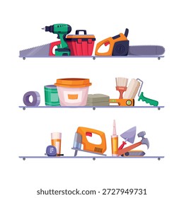 Repair tools shelves. workshop items for repair paint buckets with brushes saw and hammer. concept illustration