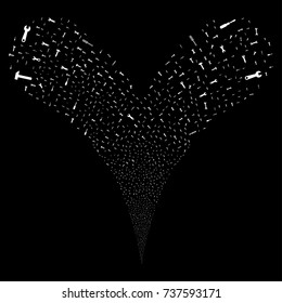 Repair Tools source stream. Vector illustration style is flat white iconic repair tools symbols on a black background. Object fountain made from random symbols.