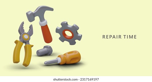 Repair tools. Time for recovery and revisions. Poster with realistic hammer, screwdriver, pliers, gear, bolt. Home kit equipment. Banner on yellow background