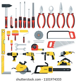 Repair Tools in toolbox. Hammer and pliers, saw and tape measure, brush and file. Flat vector icons for households, service providers isolated on white background.
