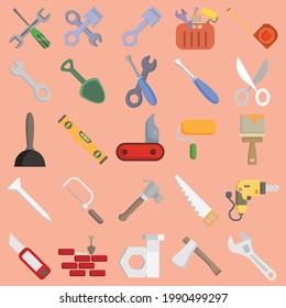 Reparaturwerkzeuge, Vektorklammer-Set mit Hammer, Schraubenzieher und Schraubendreher, Bohrer, Nägel, Schneider, Malwalze, Säge, Werkzeugkasten