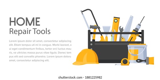 Repair tools vector illustration. Cartoon handyman toolbox with builder safety hat, paint brush, hammer and screwdriver saw. Carpentry and building professional fix equipment for home renovation