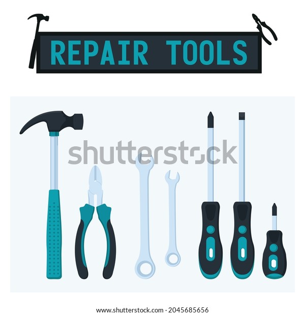 Repair tools vector illustration. Hammer,
screwdriver, pliers,
spanner.