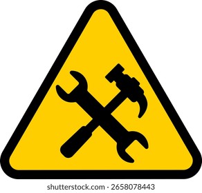 Sinal de Aviso de Ferramentas de Reparo. Ícone Triângulo com Martelo, Chave inglesa. Para manutenção, engenharia, construção. Ilustração vetorial.