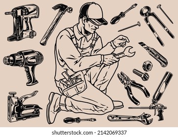 Repair tools and worker monochrome elements concept with nails, pliers, cutter, screwdrivers, technical guns and dryer, hammer and man in overalls using wrench, vector illustration