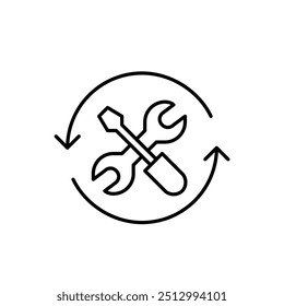 Repair tools, wrench and screwdriver in refresh arrows. Continuous maintenance. Pixel perfect vector icon