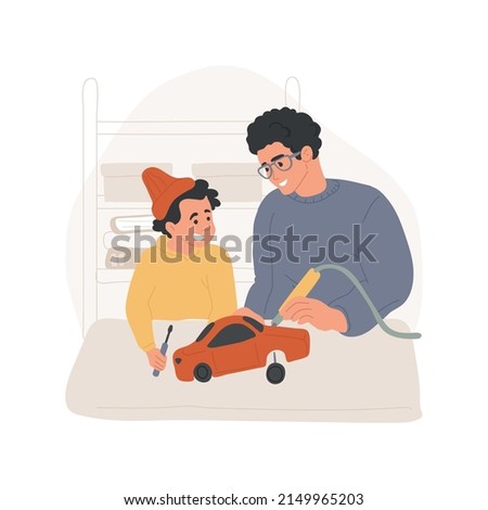 Repair toy isolated cartoon vector illustration. Father and son repairing a broken toy car at the table, fixing together, holding a screwdriver, child learning to use tools vector cartoon.