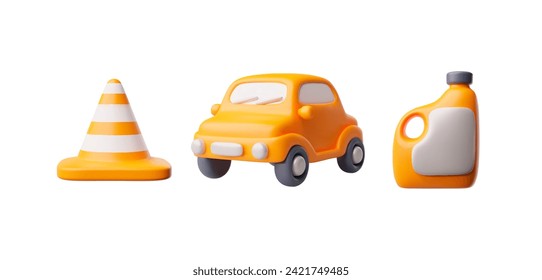 Repair transport service icon set. Orange car, canister of motor, engine oil and traffic cone realistic 3d vector illustration. Cartoon automobile tools plastic toy isolated on white background