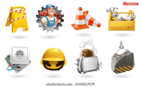 Repair and Under construction 3d cartoon vector set