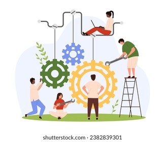 Repair, update and automation, development of data systems vector illustration. Cartoon tiny people with wrench tools fix broken machine mechanism, employees of maintenance service change cogwheel