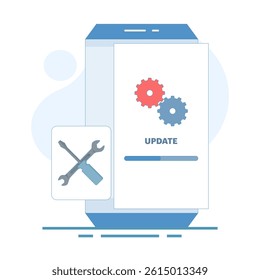Repair and update concept, System software update, data update, loading update process on smartphone screen screwdriver key. Isolated background flat design illustration.