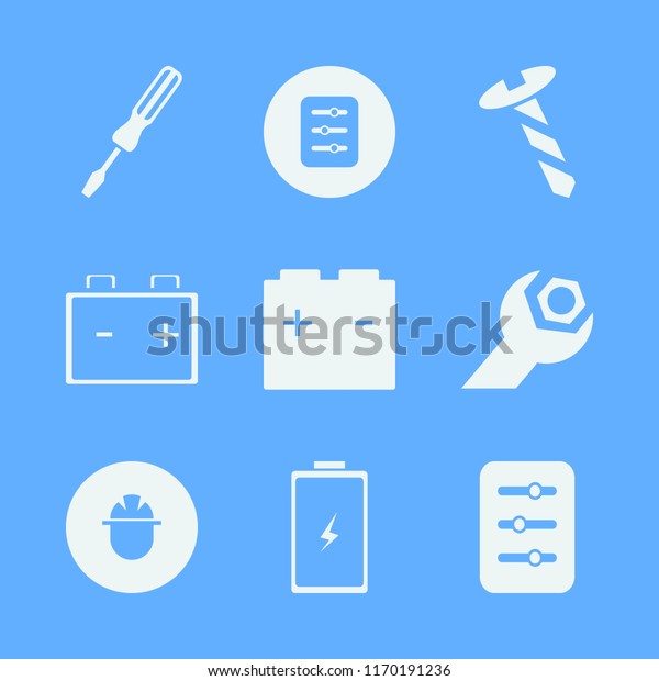 repair vector icons set. with builder, screw, car\
battery and screwdriver in\
set