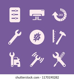 repair vector icons set. with diagnostycs wrench, hammer nails, car repair and update hours in set