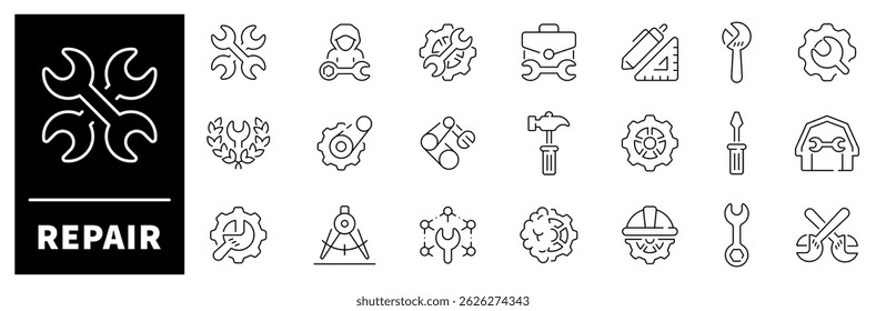 Repair vector icons. Repair thin line icons. Tools and Service icons set. Wrench, screwdriver, gear, settings, repair, service icons