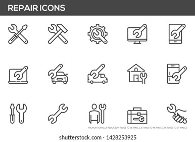 Repair vector line icons set. Screwdriver, engineer, toolbox, toolkit. Perfect pixel icons, such can be scaled to 24, 48, 96 pixels.