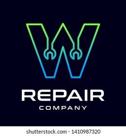 Repair W letter vector logo template. This font use wrench symbol. Suitable for technology, mechanic, or automotive business.