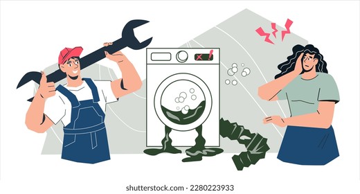 Repair and warranty service of washing machines and household appliances banner design. Washing machine repair service banner backdrop, flat vector illustration isolated on white background.